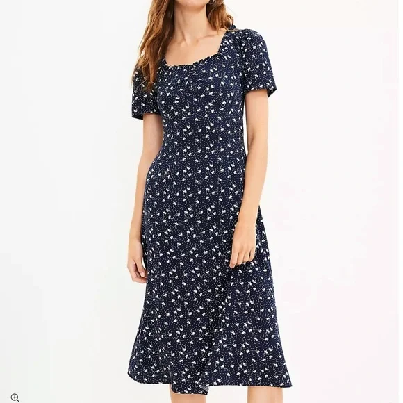 LOFT | Dresses | Loft Midi Dress Womens Size 6 Blue Navy Floral Print Sweetheart  Neck New | Poshmark